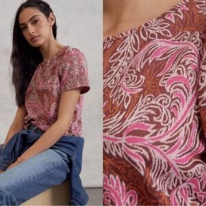 Anthropologie Pink Rust Metallic Botanical Paisley Floral Short Sleeves Top XS